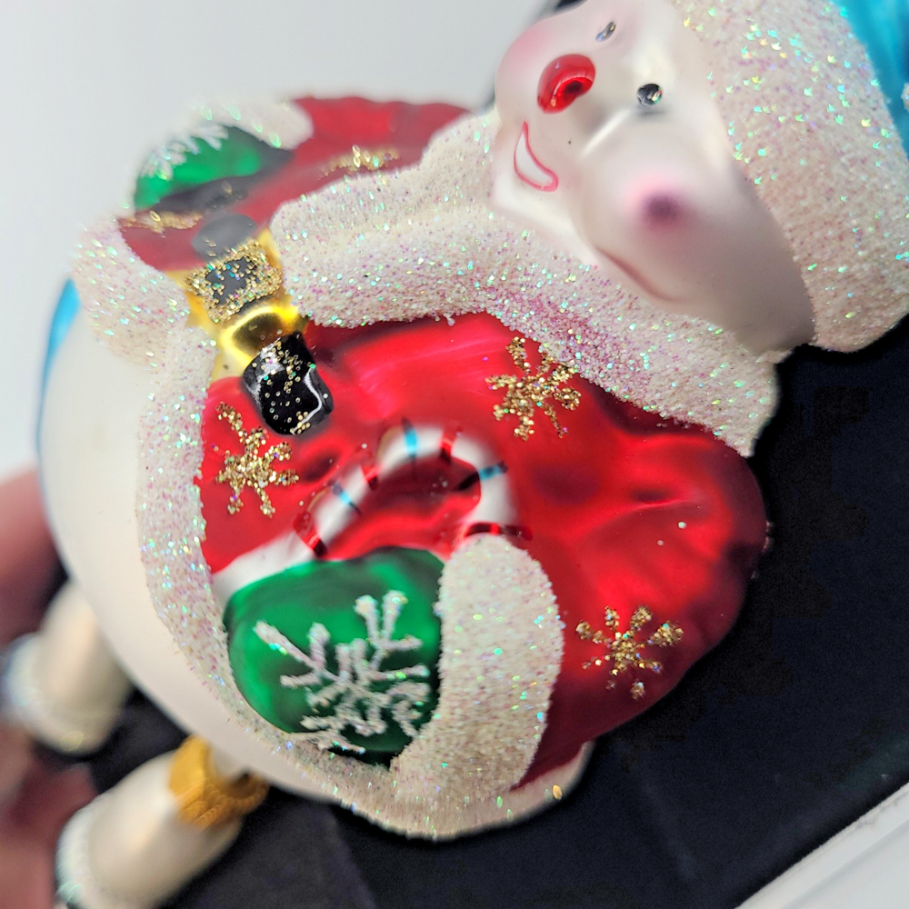 Blown Glass Snowman Santa Christmas Ornament Dangle Legs Glitter Case Vintage
